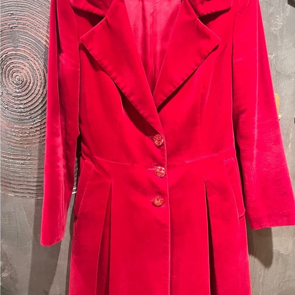 Red Velvet Cotton Coat | Size 10 | Cinched Waist | Winter Statement Jacket - Picture 5 of 8